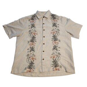 Caribbean Hawaiian Shirt Ivory Floral Embroidery Button Up Rayon Mens Large